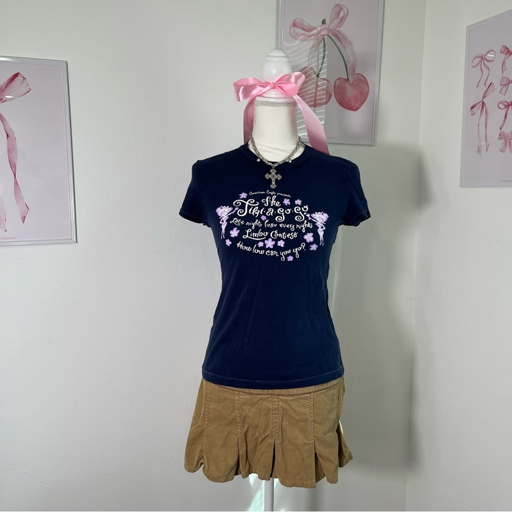 American Eagle Vtg Y2K Navy Tiki Baby Tee Preppy Bella Swan Tight‎ Womens Size S